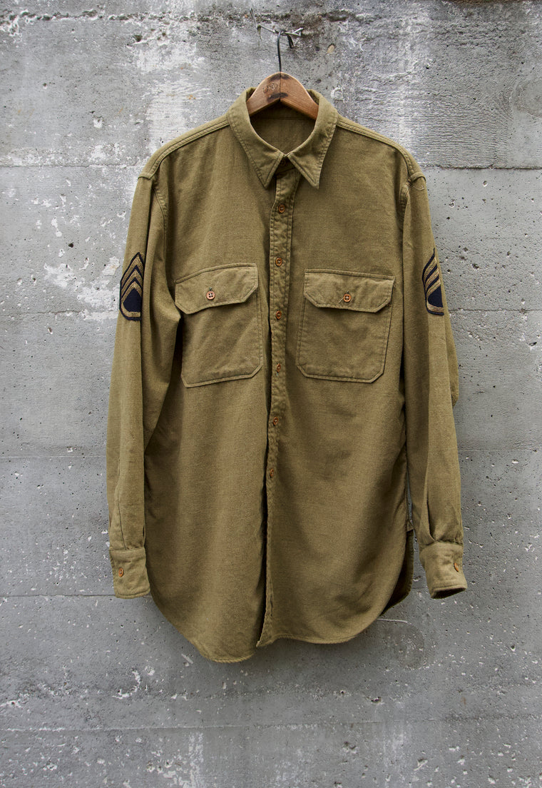 Olive Wool Mid Century Men's Button Up Military Shirt XL