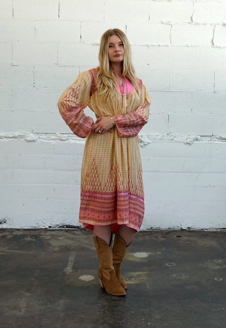1970's India Cotton, Gauze, Poet Sleeve Dress With Satin Details
