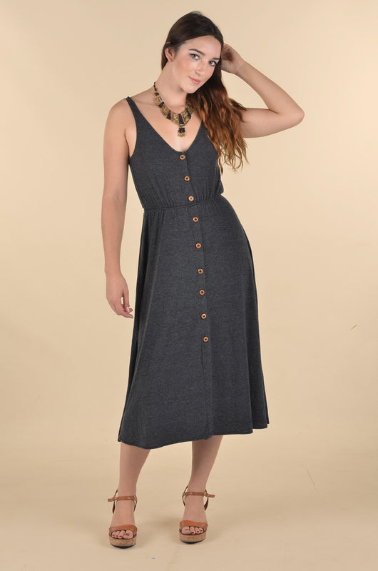 Wooden Buttons Midi Dress - Charcoal