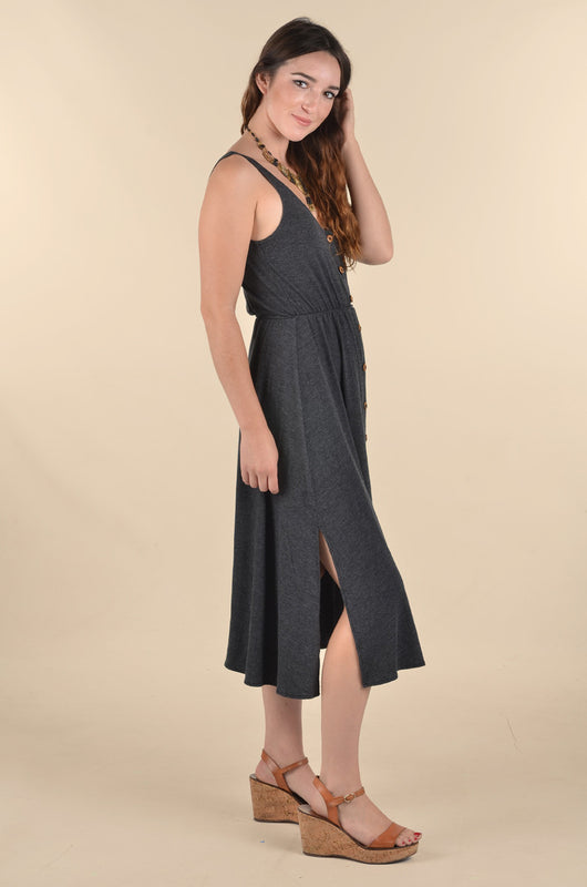 Wooden Buttons Midi Dress - Charcoal